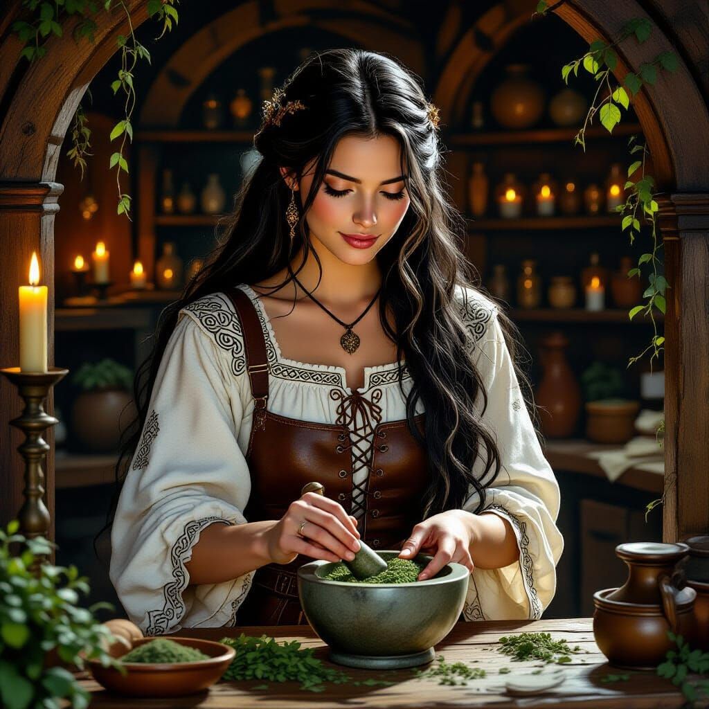 Medieval Apothecary Scene in the Style of Brian Froud