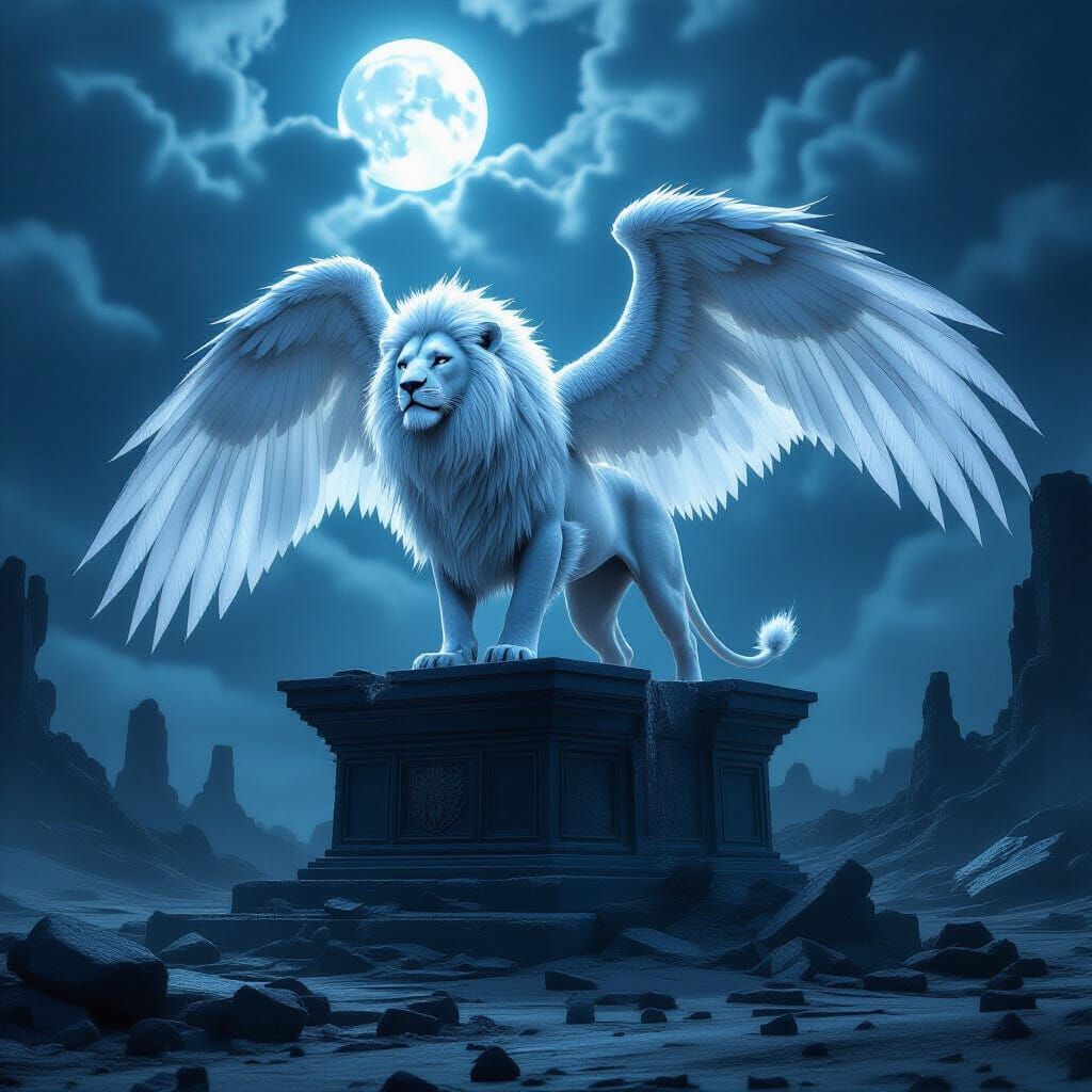 Majestic Winged Lion on Obsidian Altar
