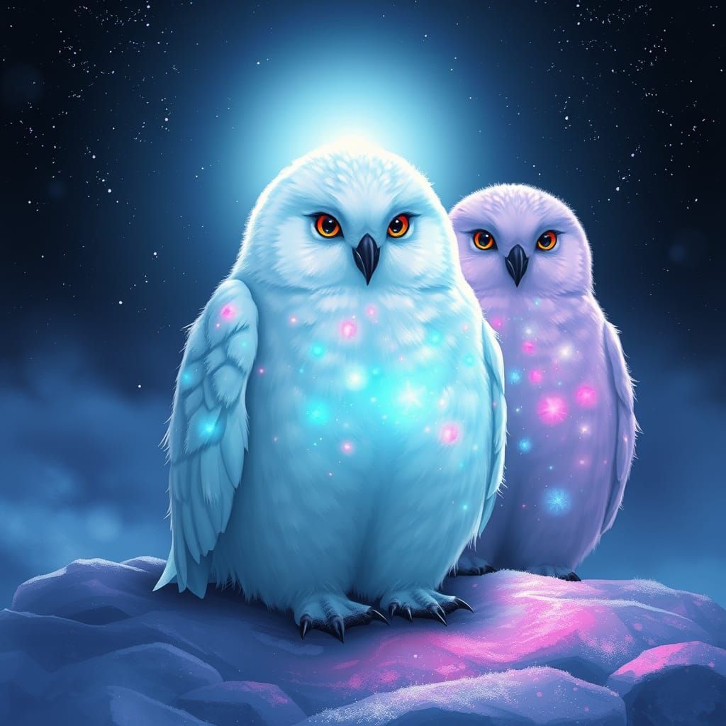 Snowy Owl with Iridescent Plumage Under Aurora Sky