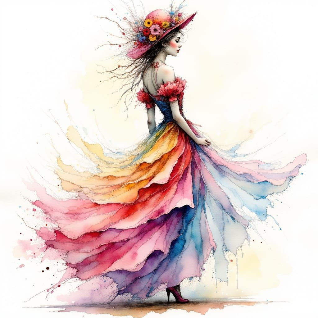 Watercolor Portrait of Woman in Colorful Flowing Dress