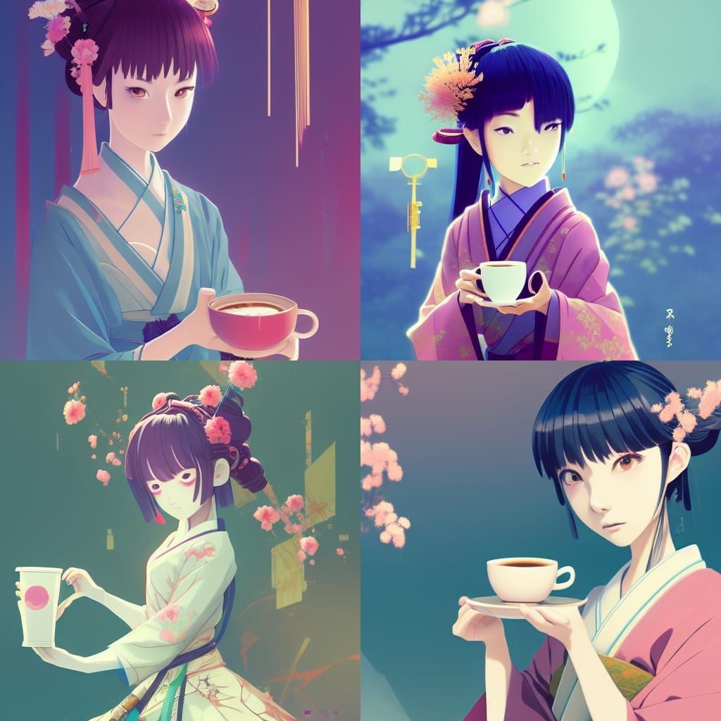Silkpunk Samurai Princess with Coffee: Anime Key Visual