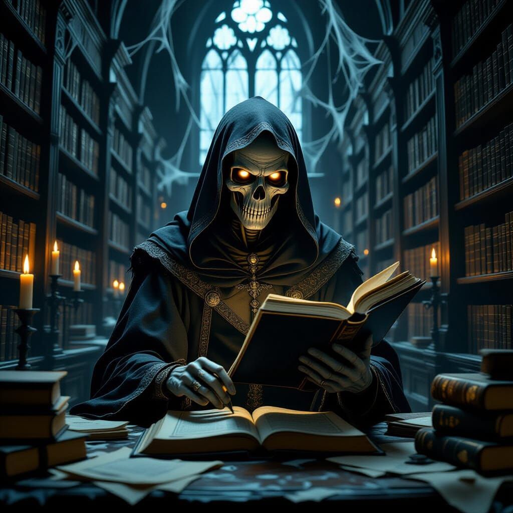 Undead Librarian Organizing Tomes in Gothic Library