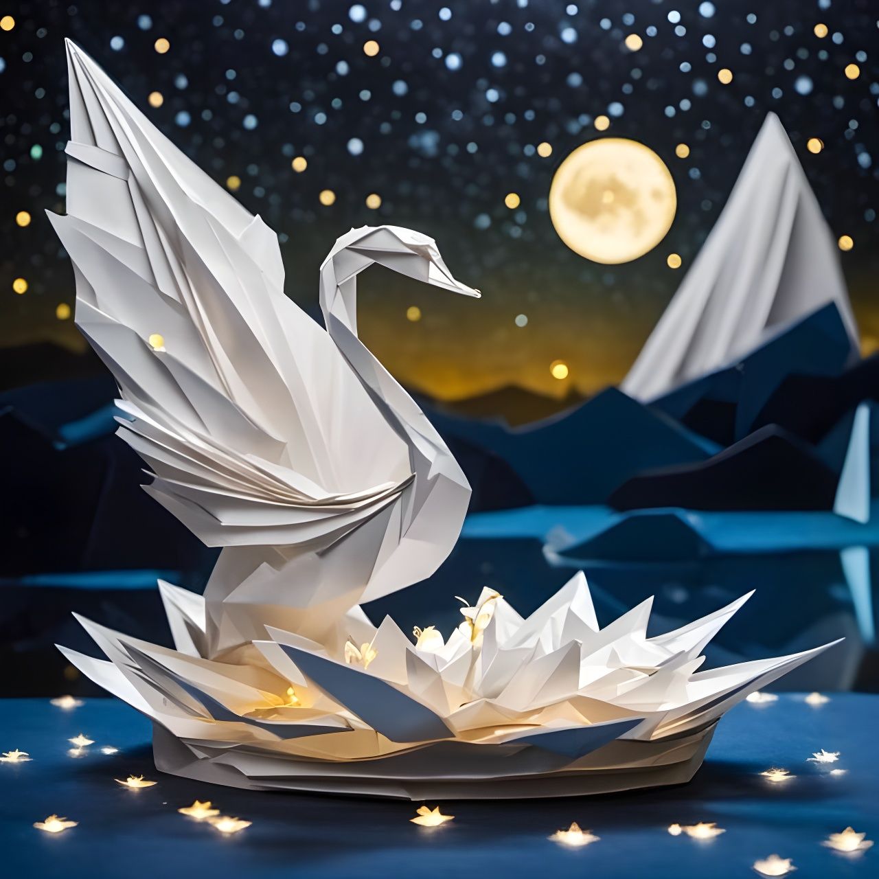 White Origami Swan on Bioluminescent Lake