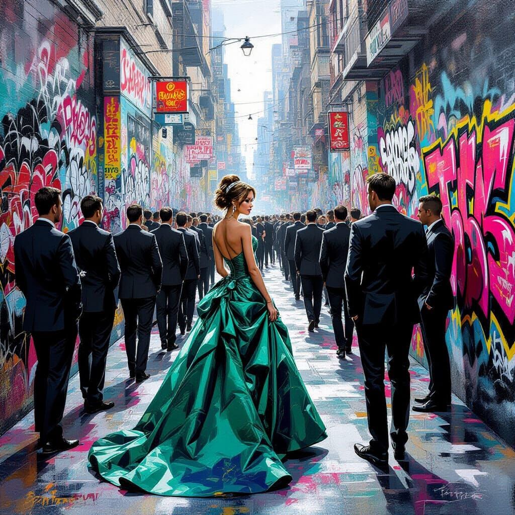 Woman in Emerald Gown Amidst Urban Alley Art