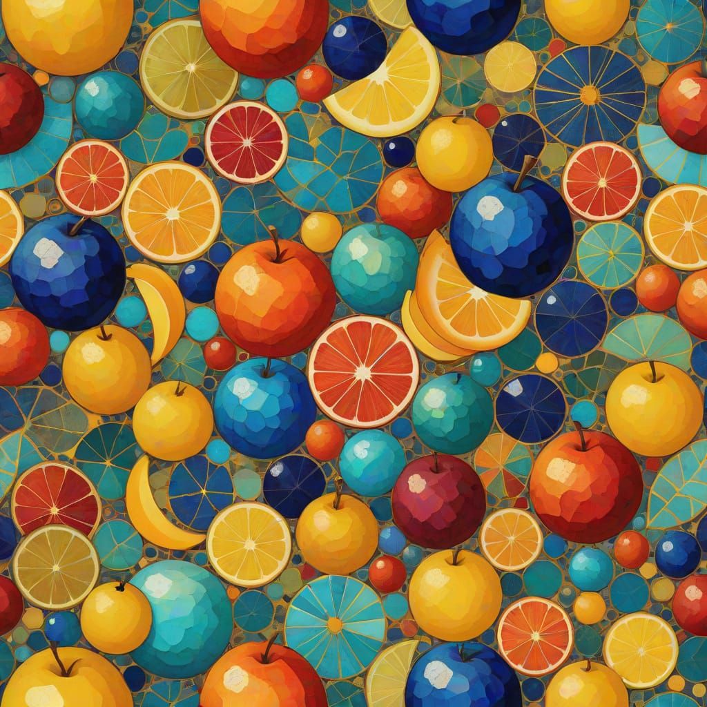 Cubist Fruit Still Life in Vibrant Ochre and Bronze Hues