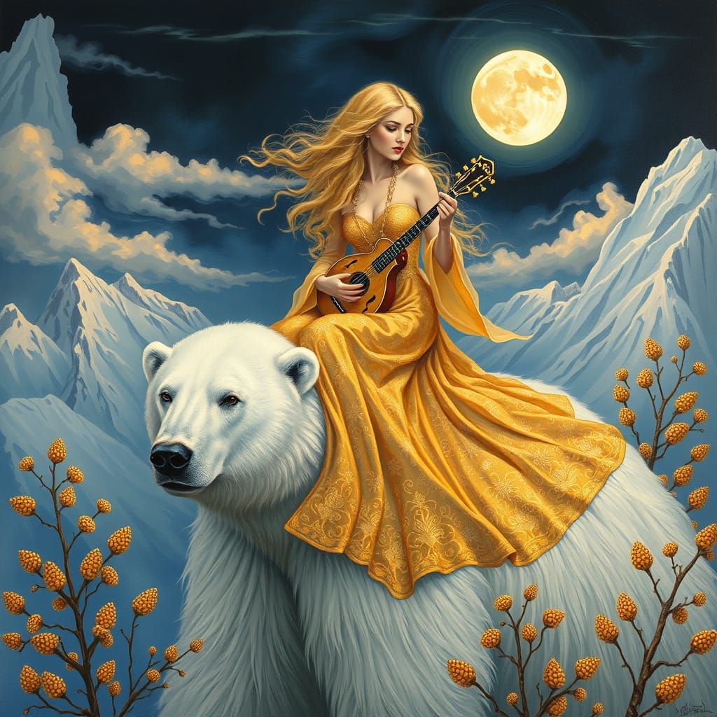 Golden Goddess Amidst Arctic Cloudberry Blooms in a Dreamlik...