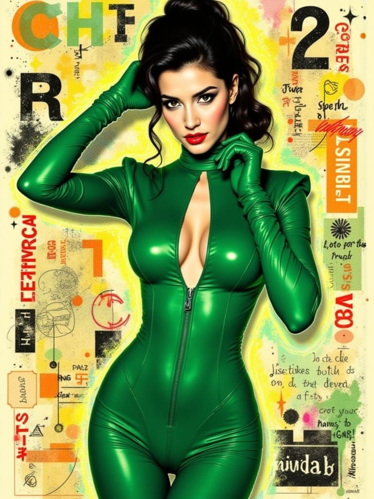 Woman in Green Catsuit in Basquiat Collage Style