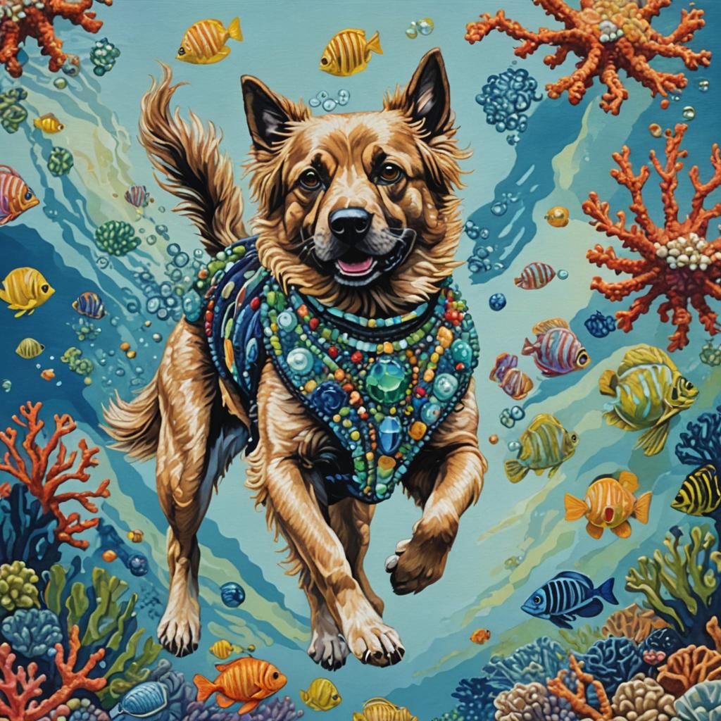 Portrait full body of a canine (3.0) alien  swimming around ...