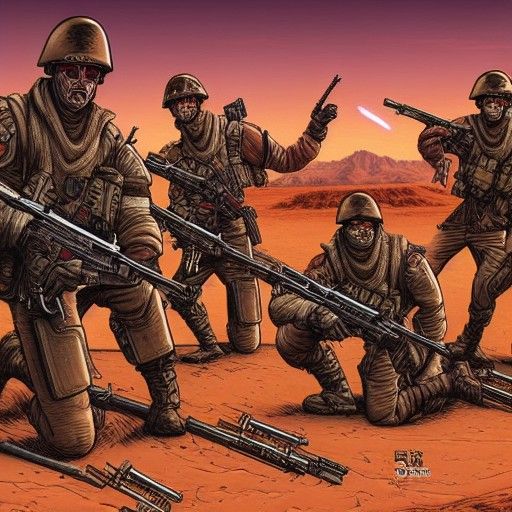 Robot Assassin in Desert Battle, Comic Book Style