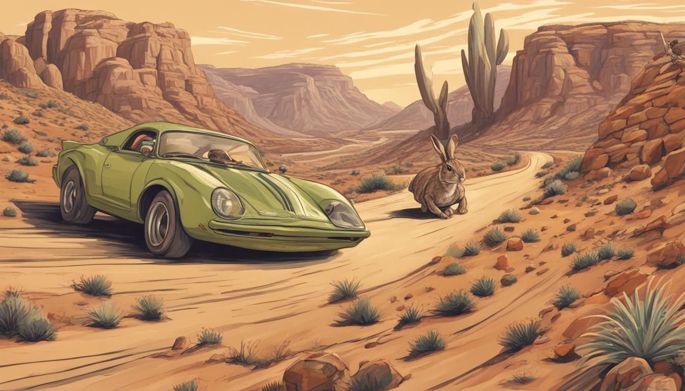 Hare and Tortoise Muscle Car Race Illustration