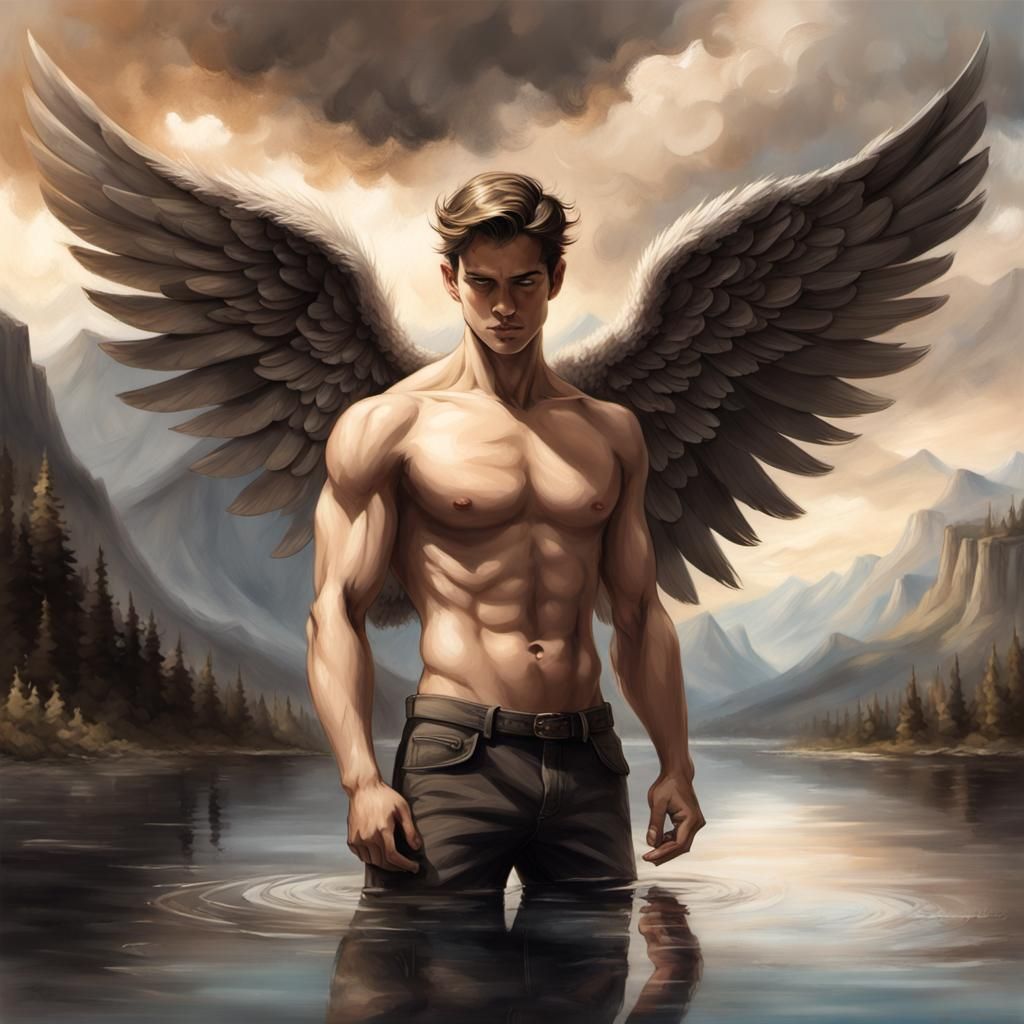 Fallen Angel in Serene Lake: Hyperrealistic Concept Art