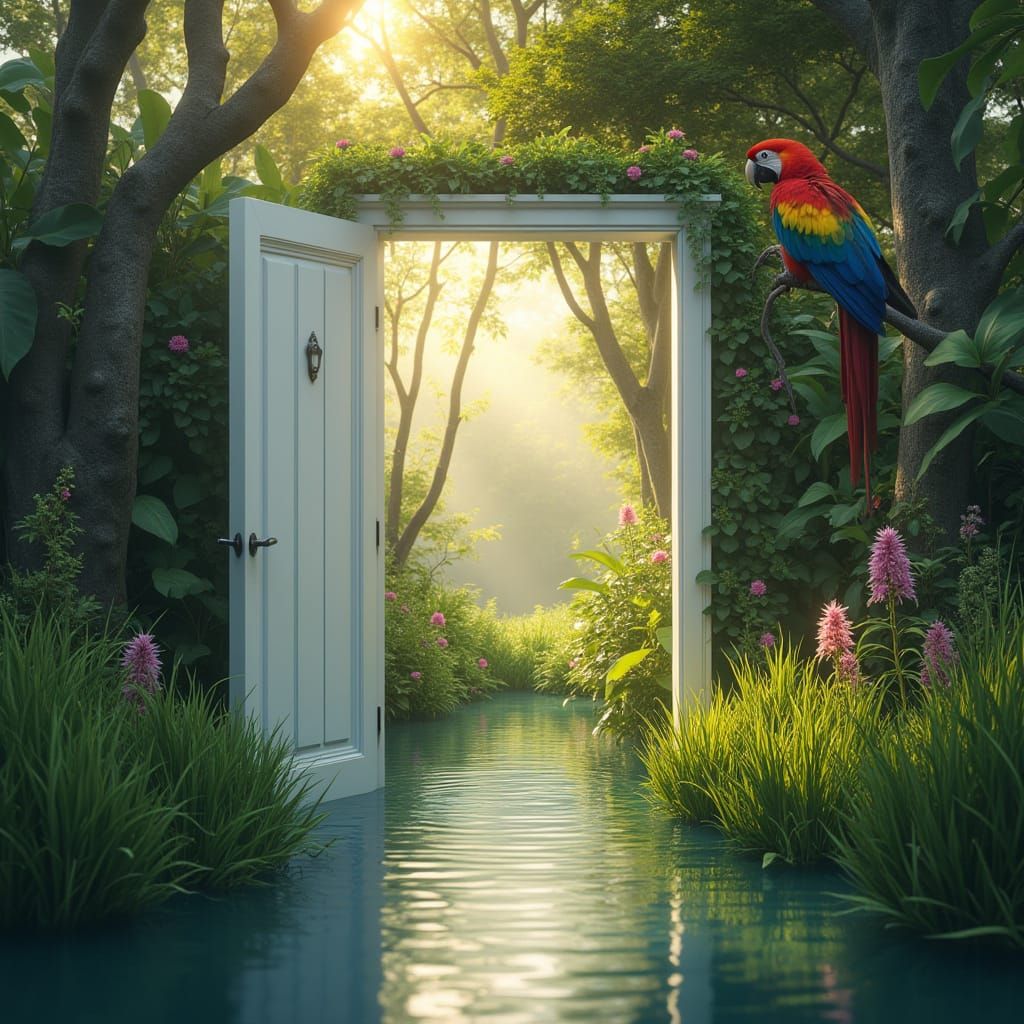White Door to Jungle Paradise: Hyperrealistic Scene