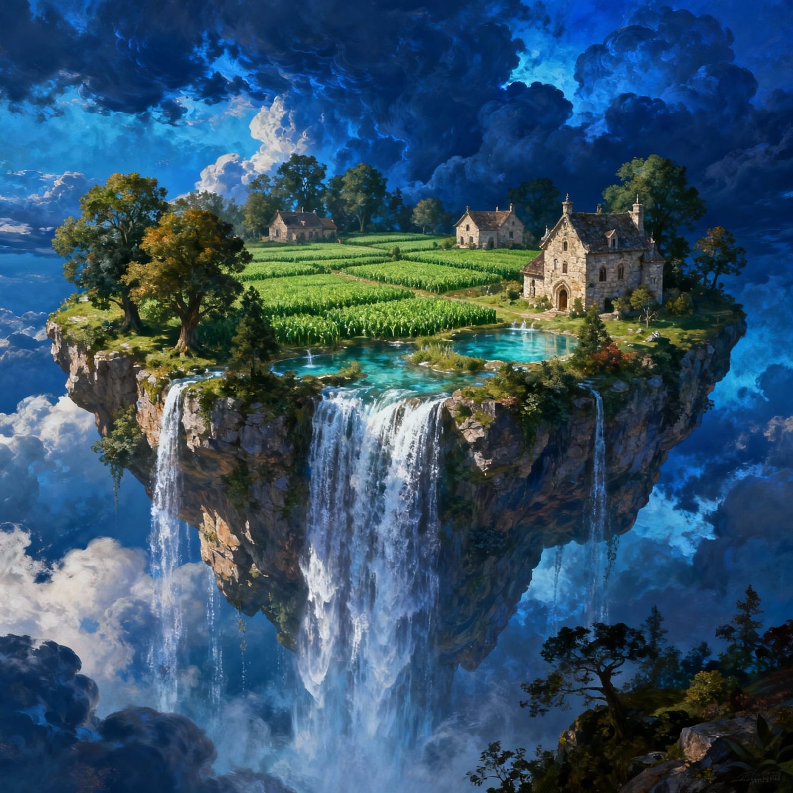 Classical Painting of Floating Island with Waterfalls