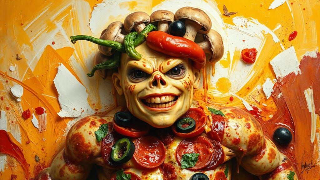 Pizza Topping Monster in Expressionist Realism Style
