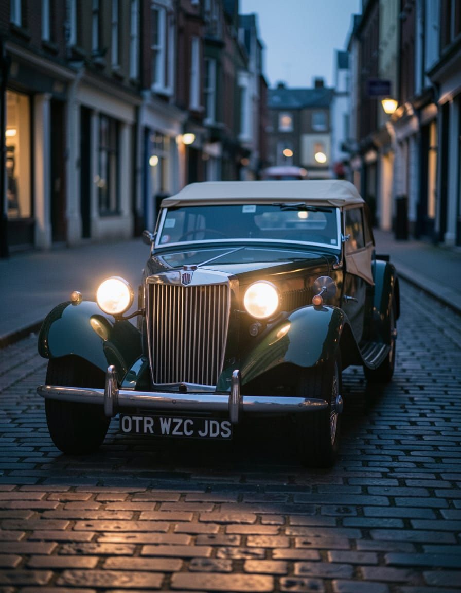 MG TD at Twilight on Cobblestone Street