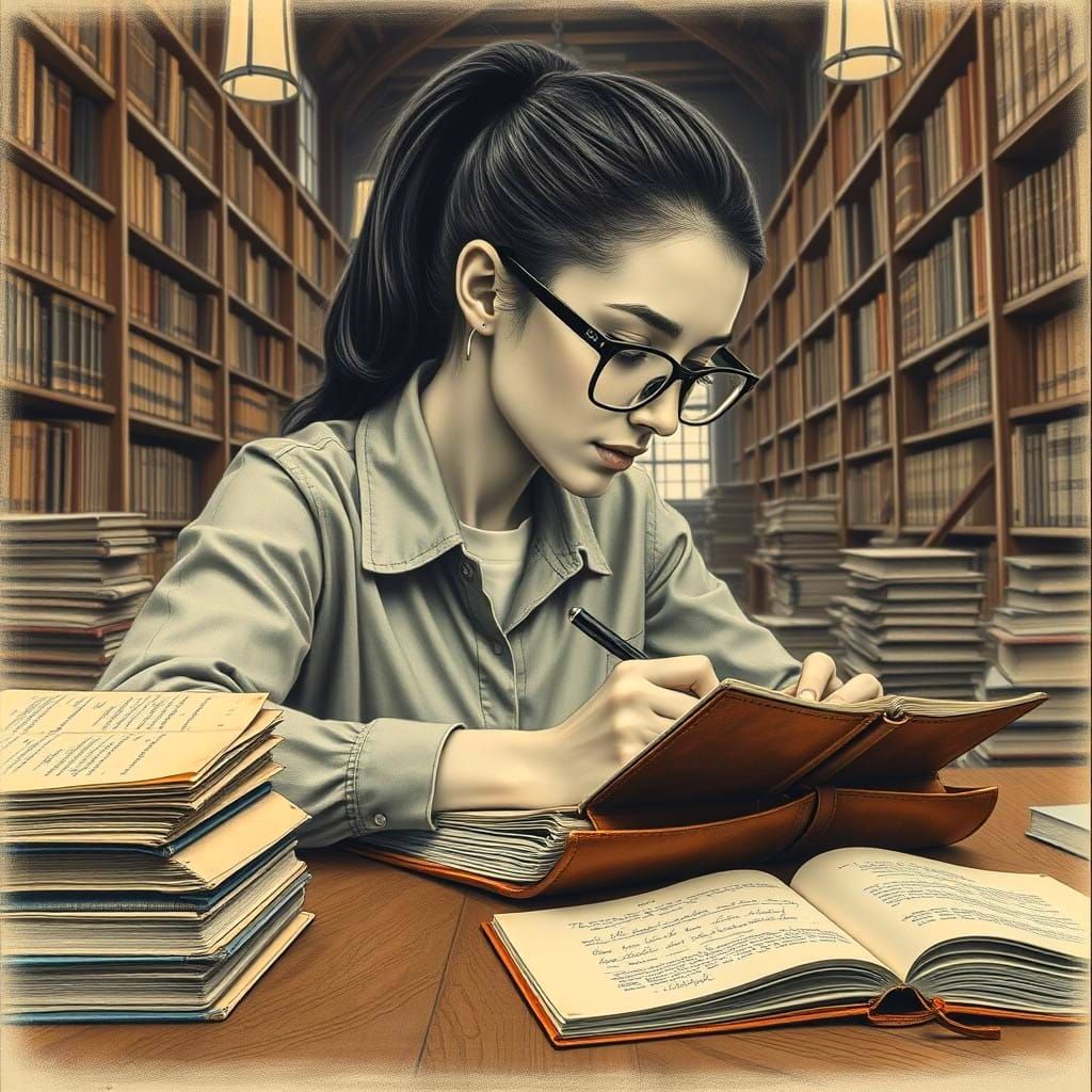 A Young Woman Studies in a Cozy Library Scene