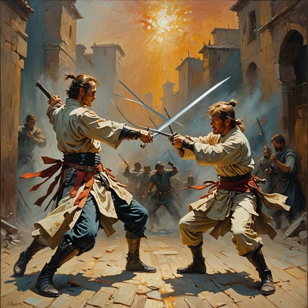 Dynamic Swordsmen Duel in Impressionistic Oil Painting