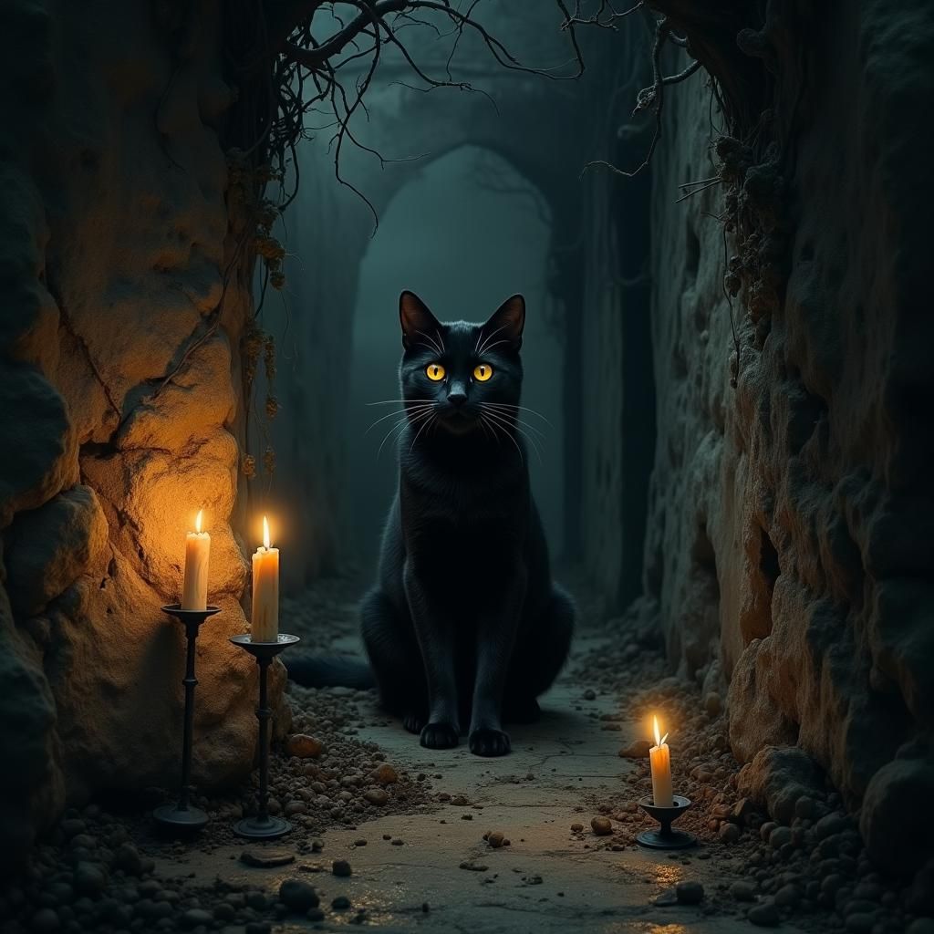 Black Cat's Glowing Eyes in Haunted House