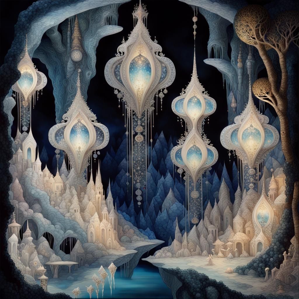 Luminescent Crystal Cavern with Creatures: 3D Render