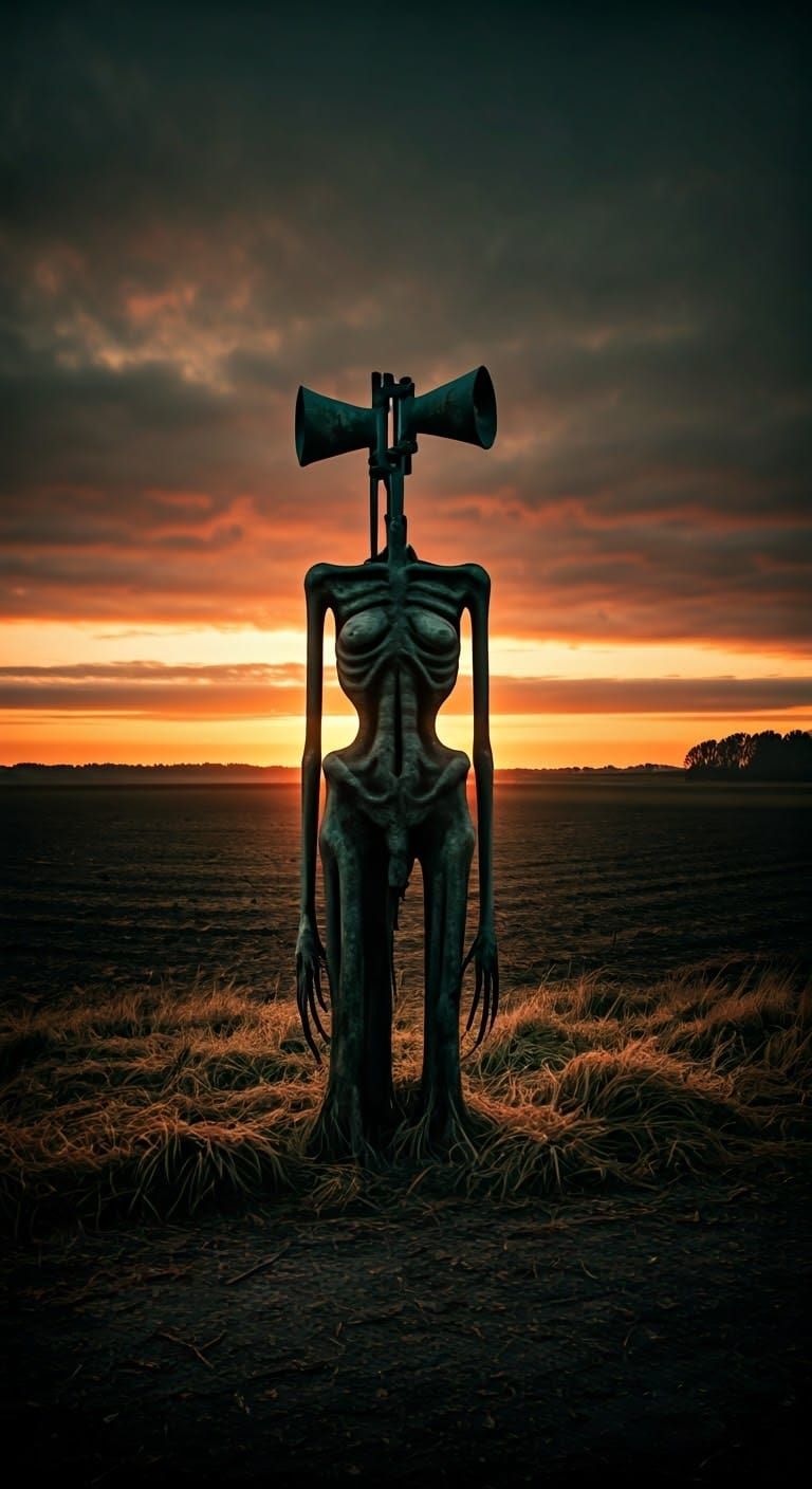 Eerie Siren Head in Abandoned Landscape with Fiery Sunset