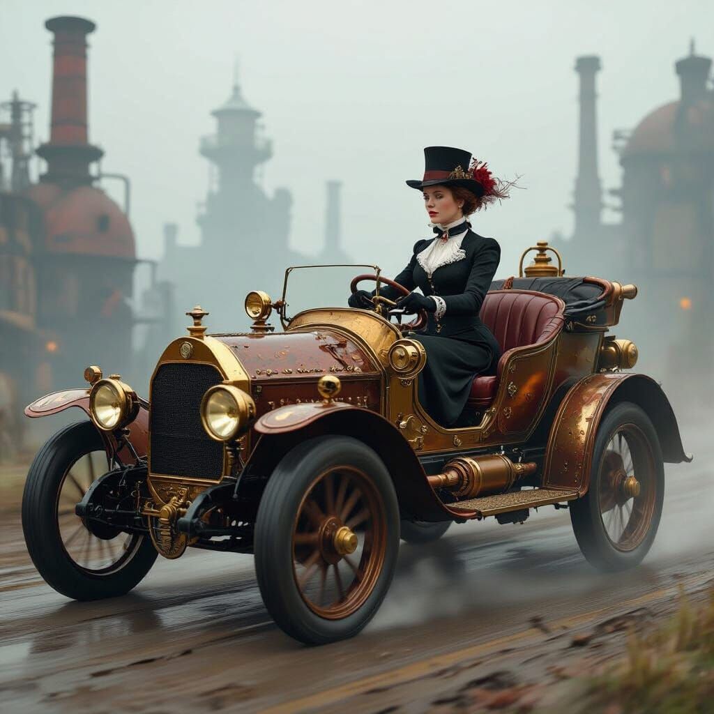 Steampunk Car Driven by Victorian Lady
