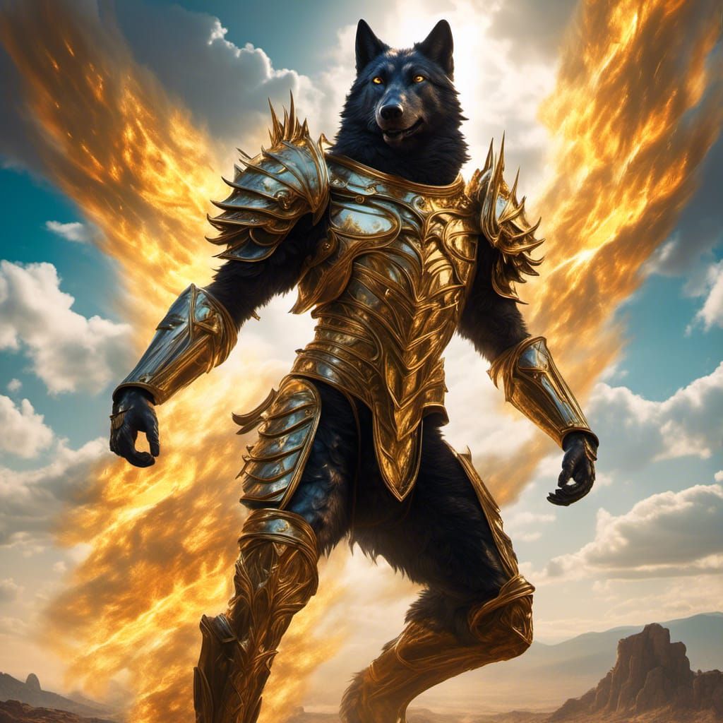 Armored Black Wolf in Fire, Hyperrealistic Splash Art