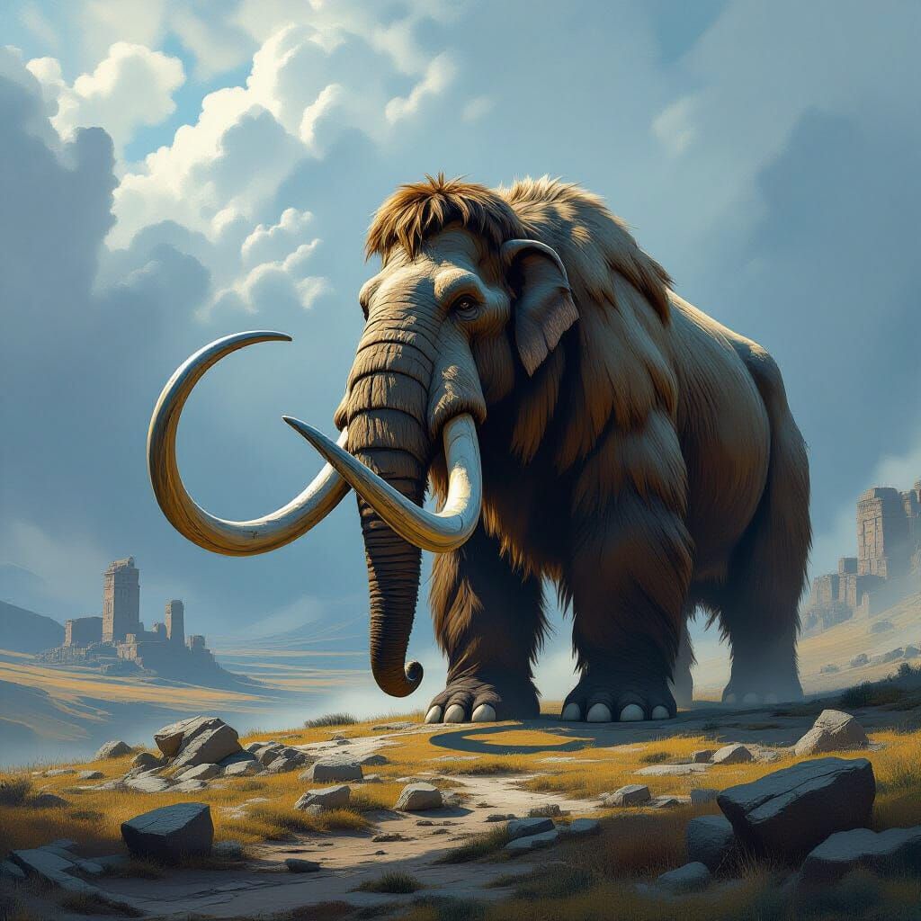 Woolly Mammoth on Windswept Plateau Overlooking Lost Civiliz...