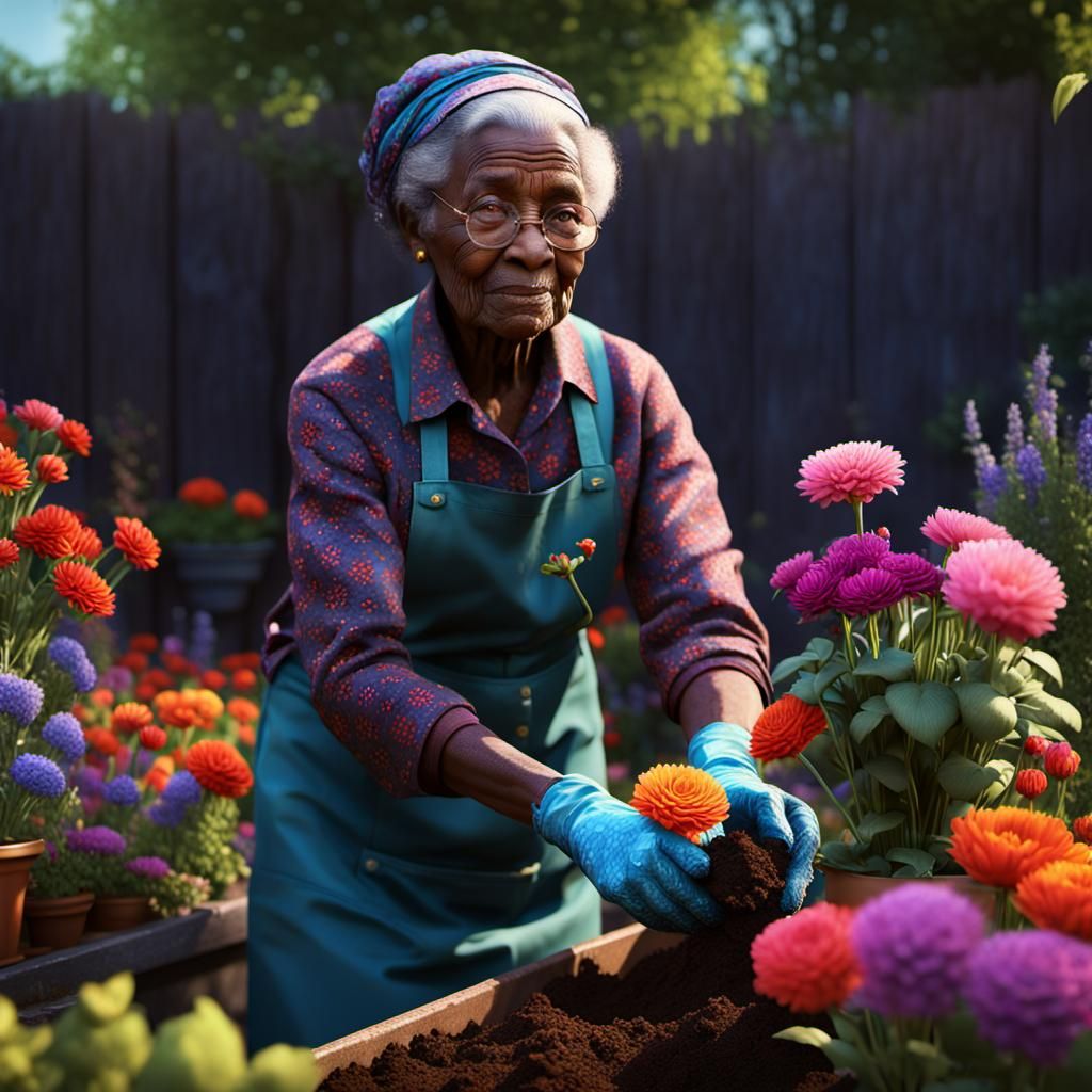 Old Florist Woman Planting Colorful Flowers