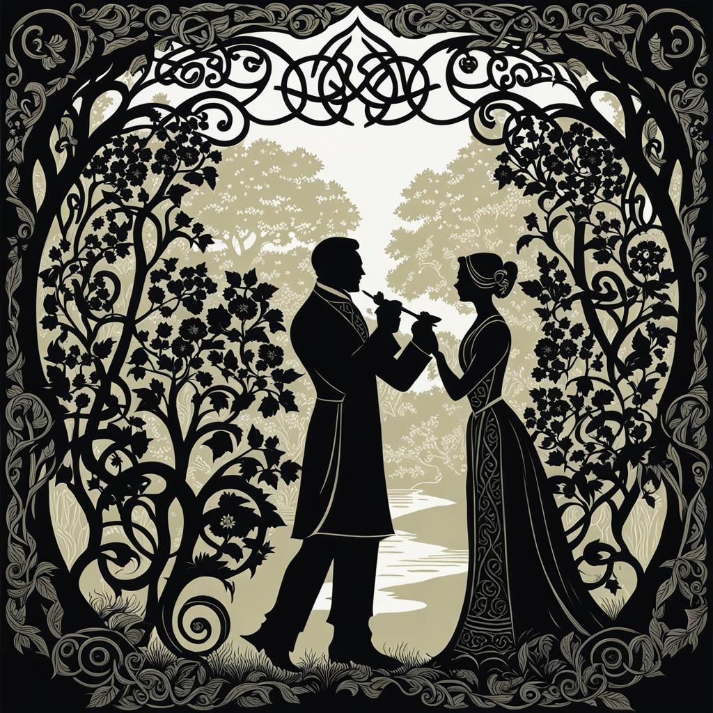 Elegant Victorian Couple Silhouette in Garden