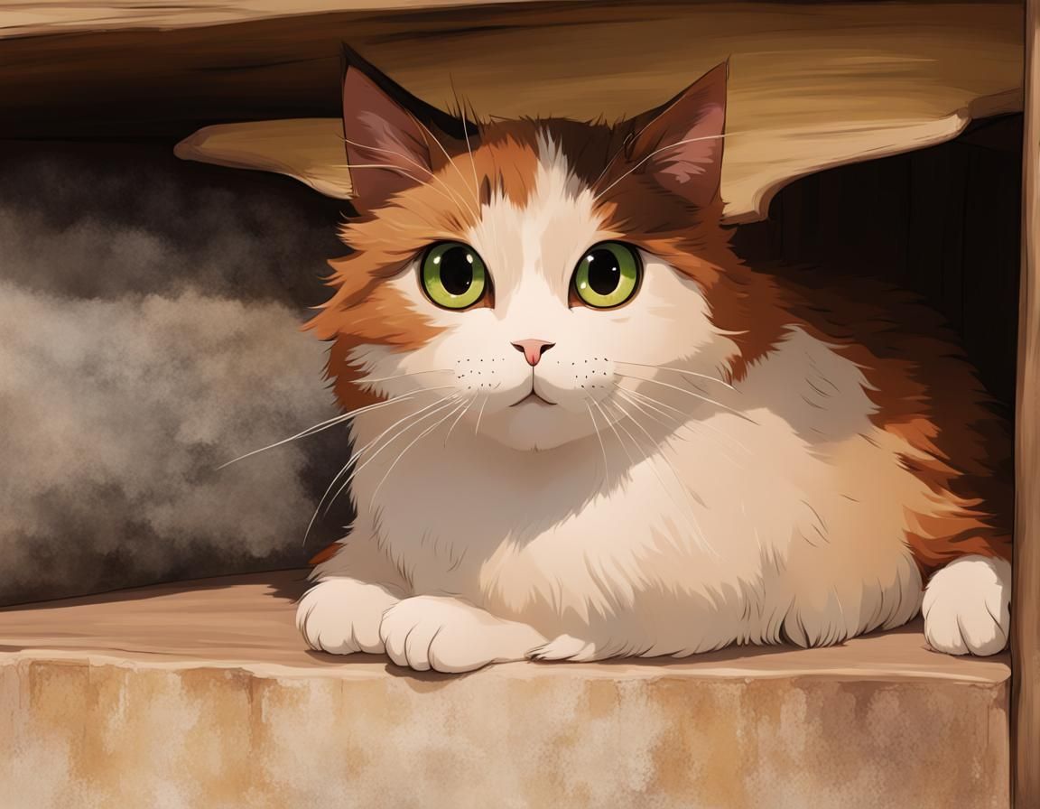 Anime Calico Cat in Ghibli Style Meadow