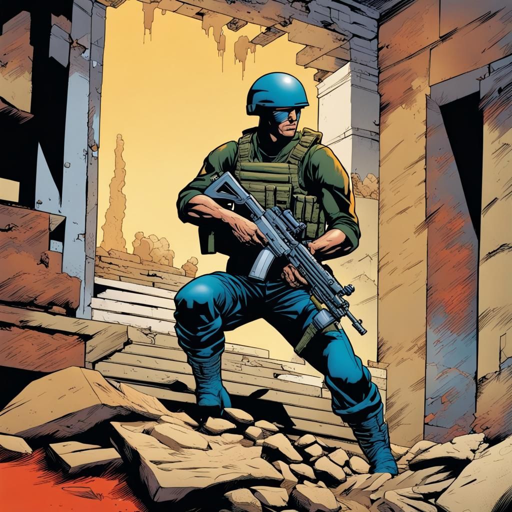 Soldier Sneaking Through Ruins in Comic Book Style