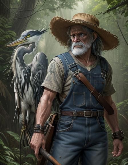 Cartoonish Old Man Trapping a Heron