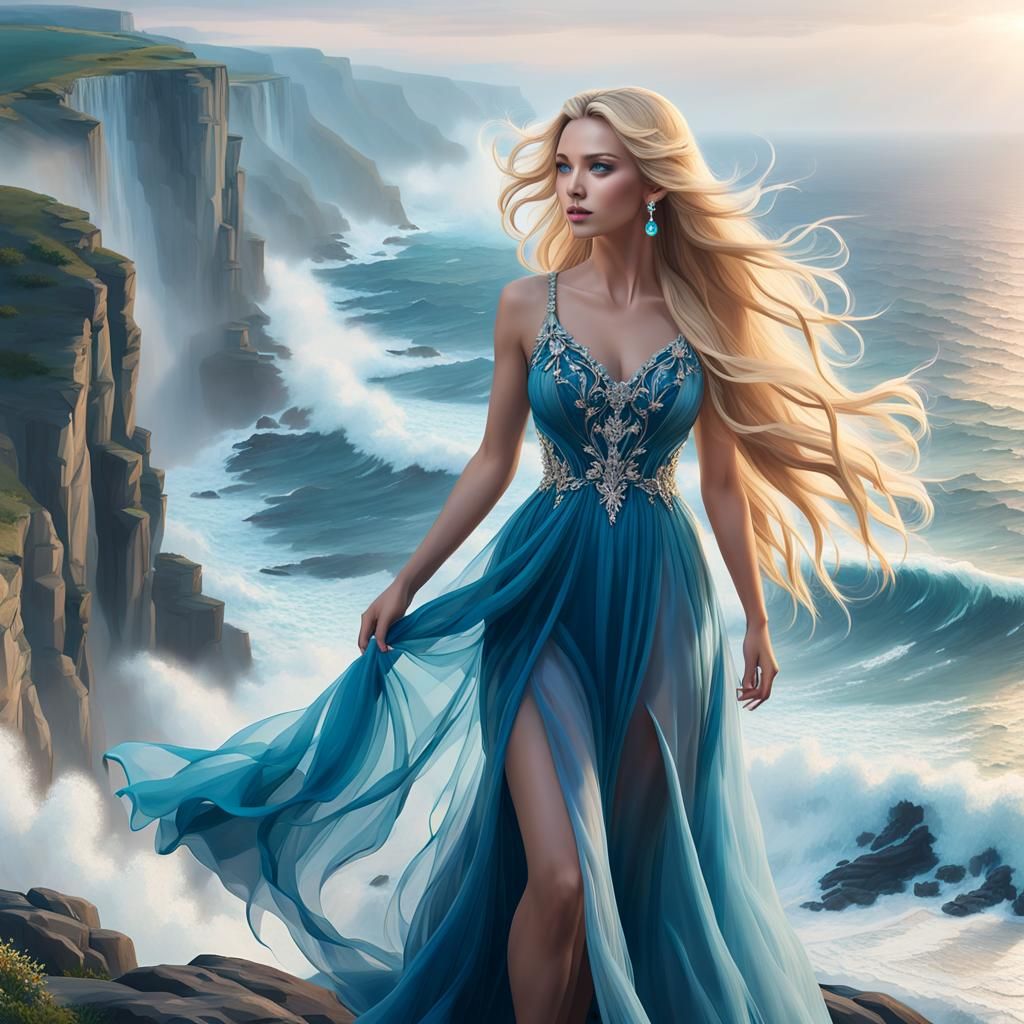 Ethereal Fantasy: Petite Teen Girl on Cliff Overlooking Turb...