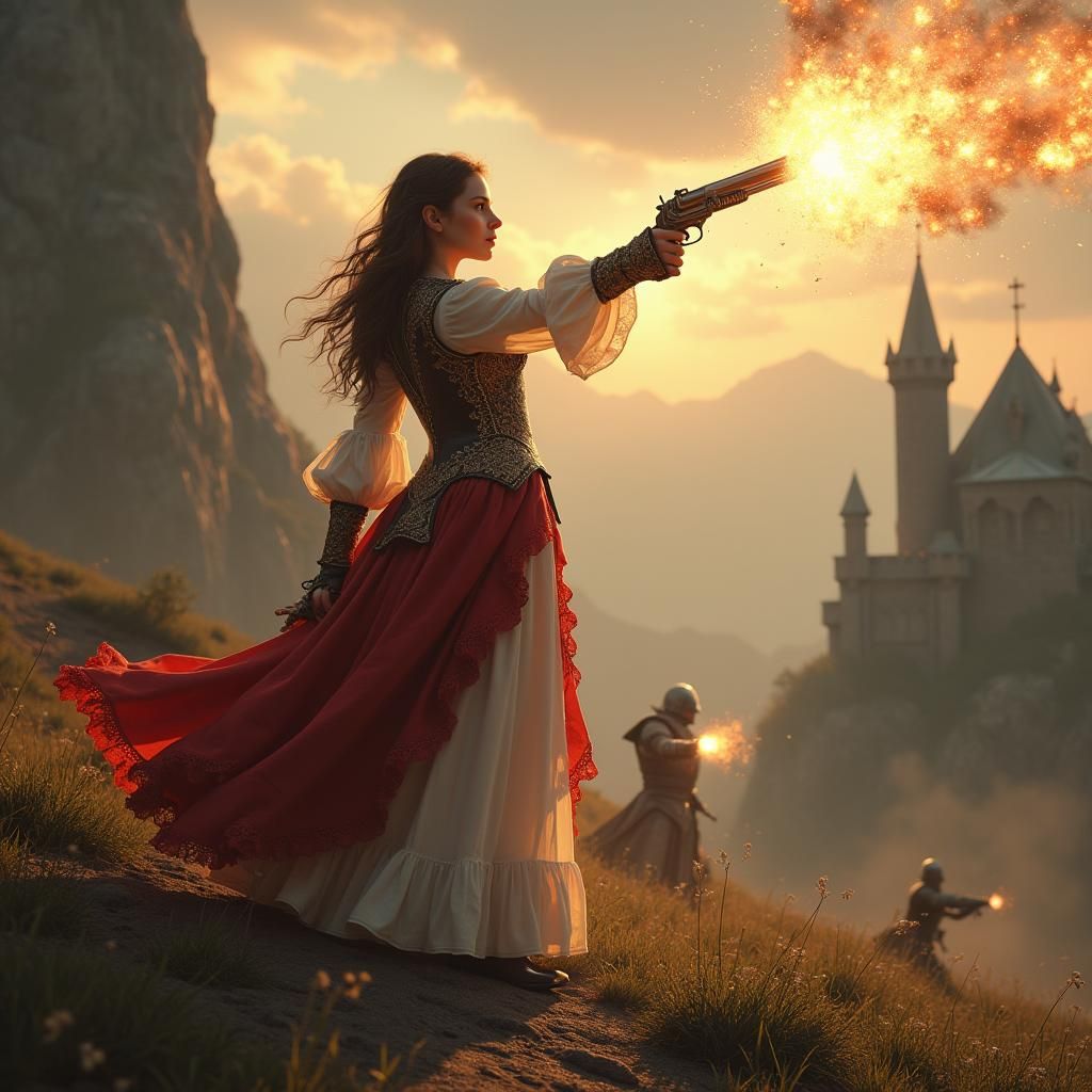 Heroic Woman Fires Magic Pistol in Fantasy Battle