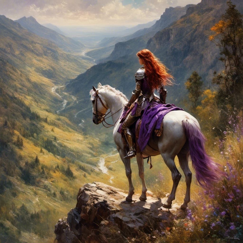 Female Knight Gazing at Forest, Impressionistic Painting