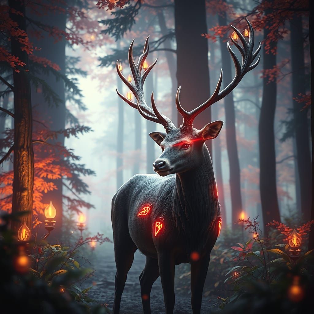 Mystic Deer in Forest: Detailed Matte Painting