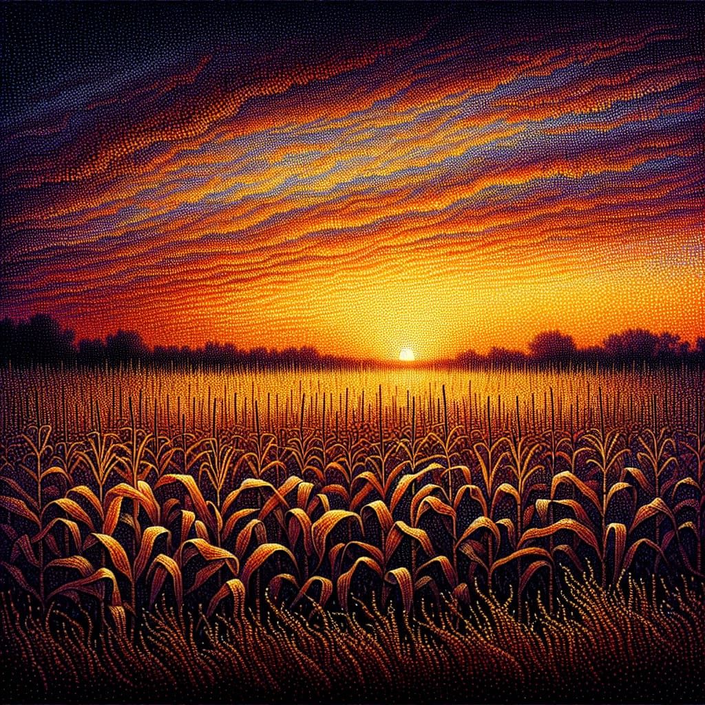 Pointillist Cornfield Sunset Inspired by Neo-Impressionism