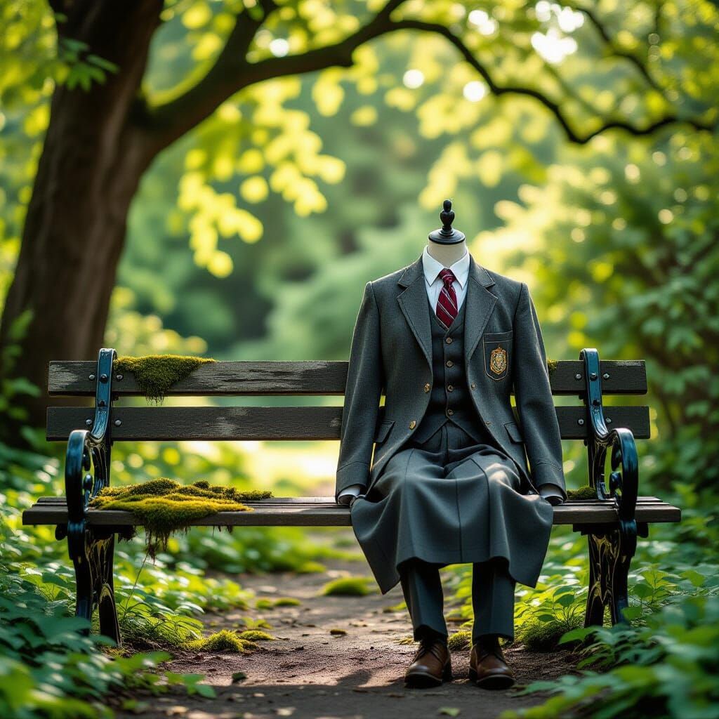 Antique Mannequin in School Uniform on Mossy Bench