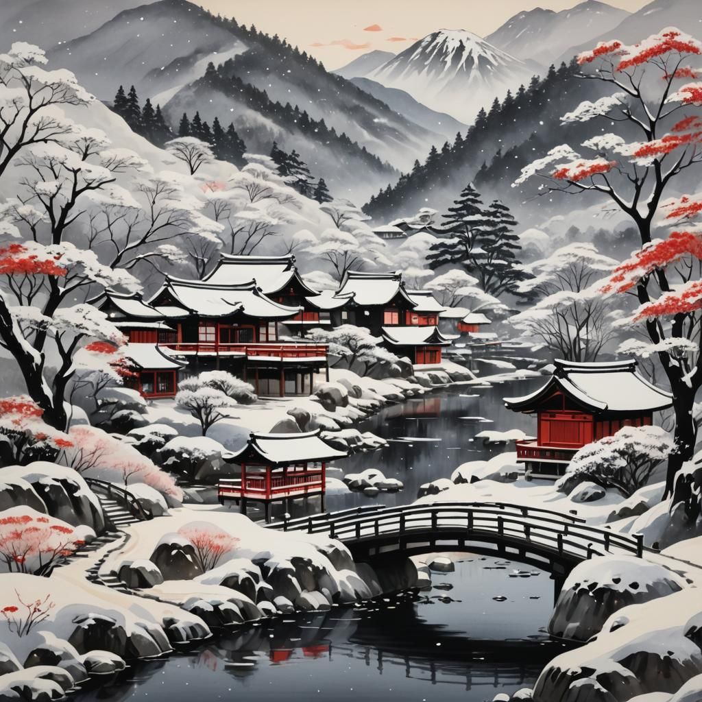 Snowy Village Inspired by Japanese Ink Painting