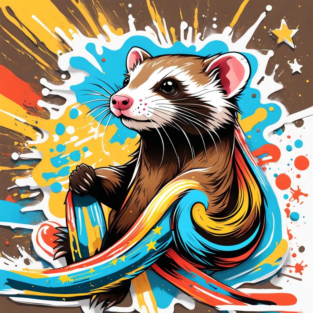 Happy Noodle Ferret Holding Star in Graffiti Art