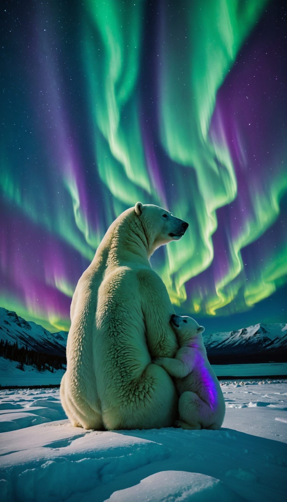 Polar Bears Watch Stunning Aurora Borealis in Arctic Night