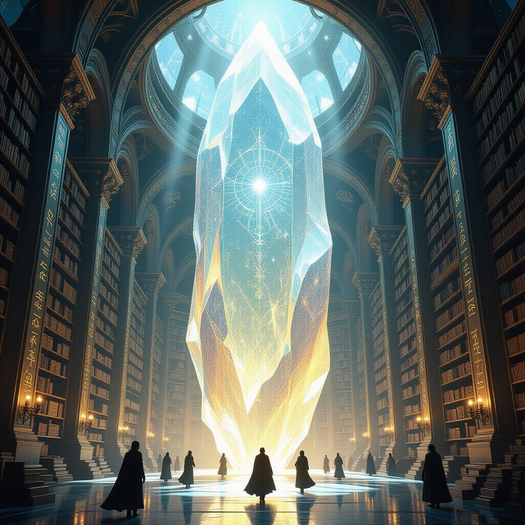 Ancient Crystal Library with Ethereal Scholars
