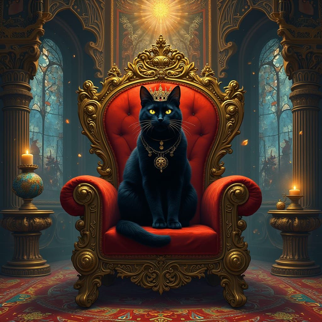 Regal Black Cat in Gothic-Themed Chamber with Celestial Symb...