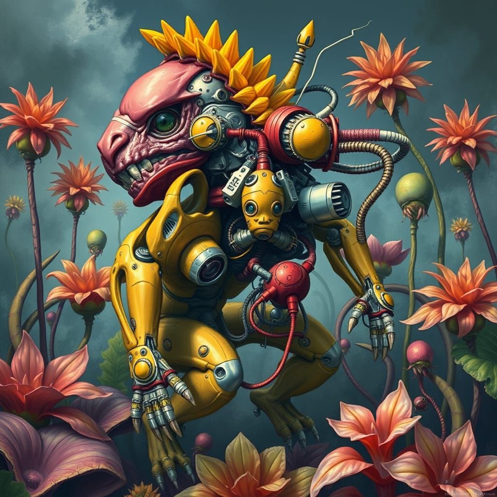 Biomechanical Creature in Vibrant Surreal Landscape