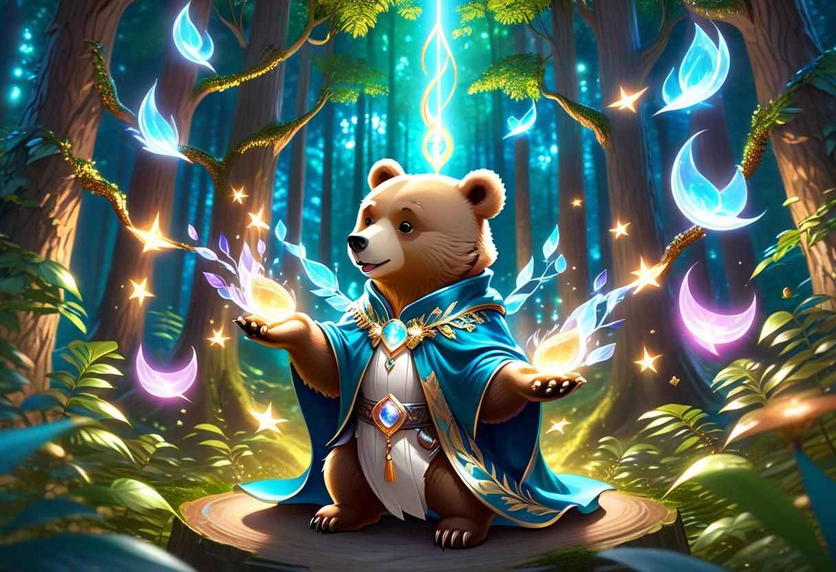 Parallel Universe Bear Healer in Hyperdetailed Forest