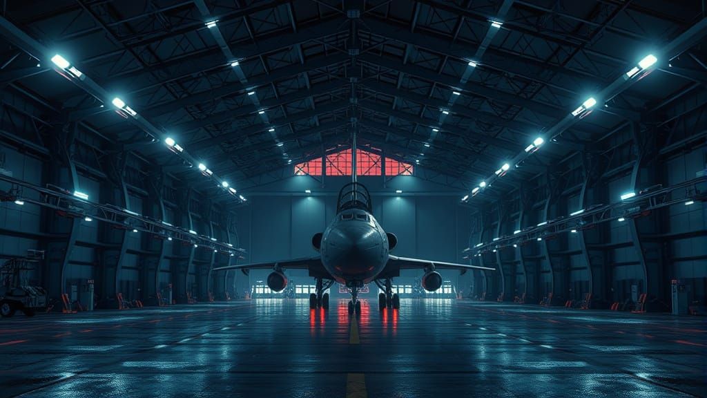 Cozy Military Hangar Bay at Night in Anime Style