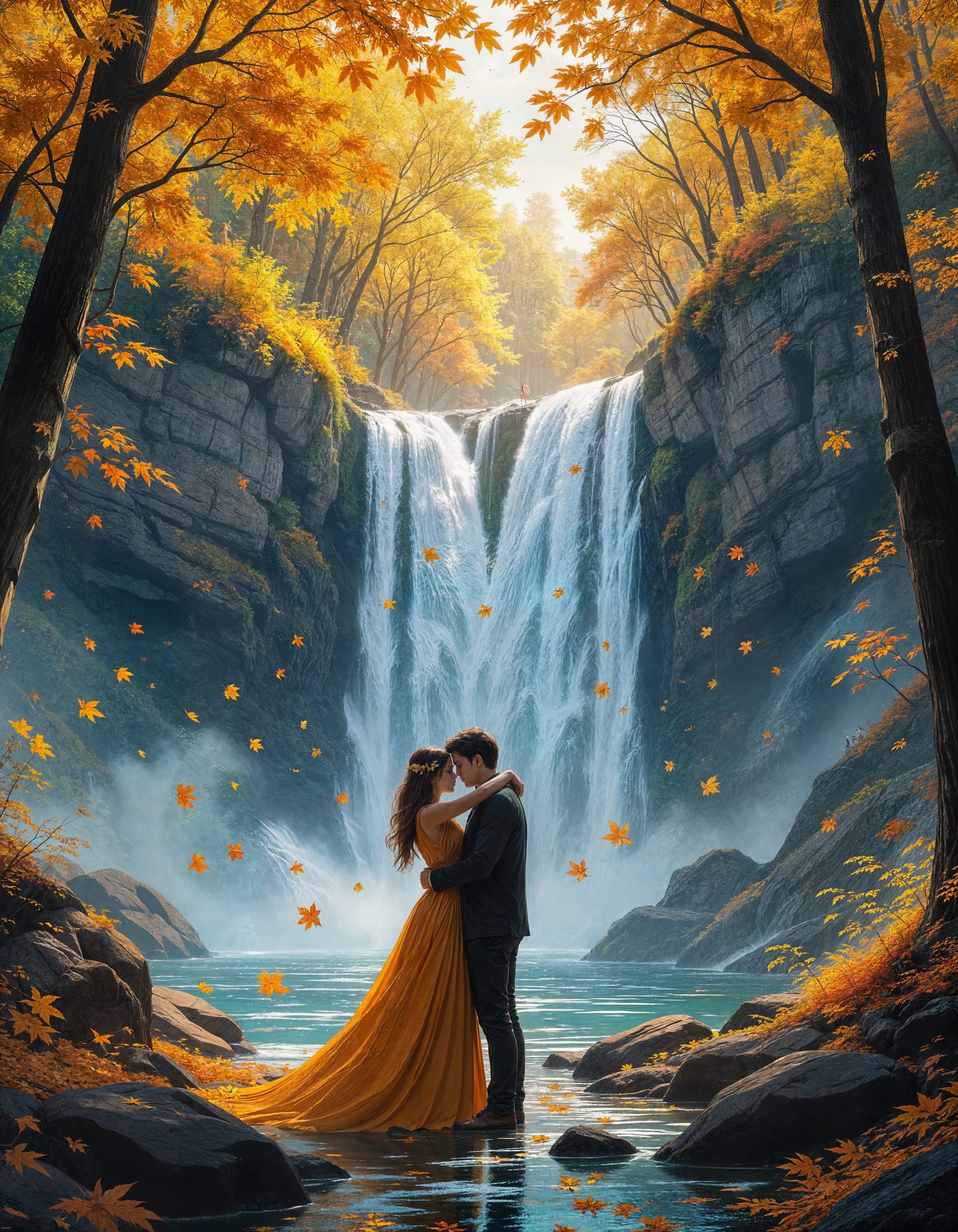Couple by Autumn Waterfall in Hyperdetailed Concept Art
