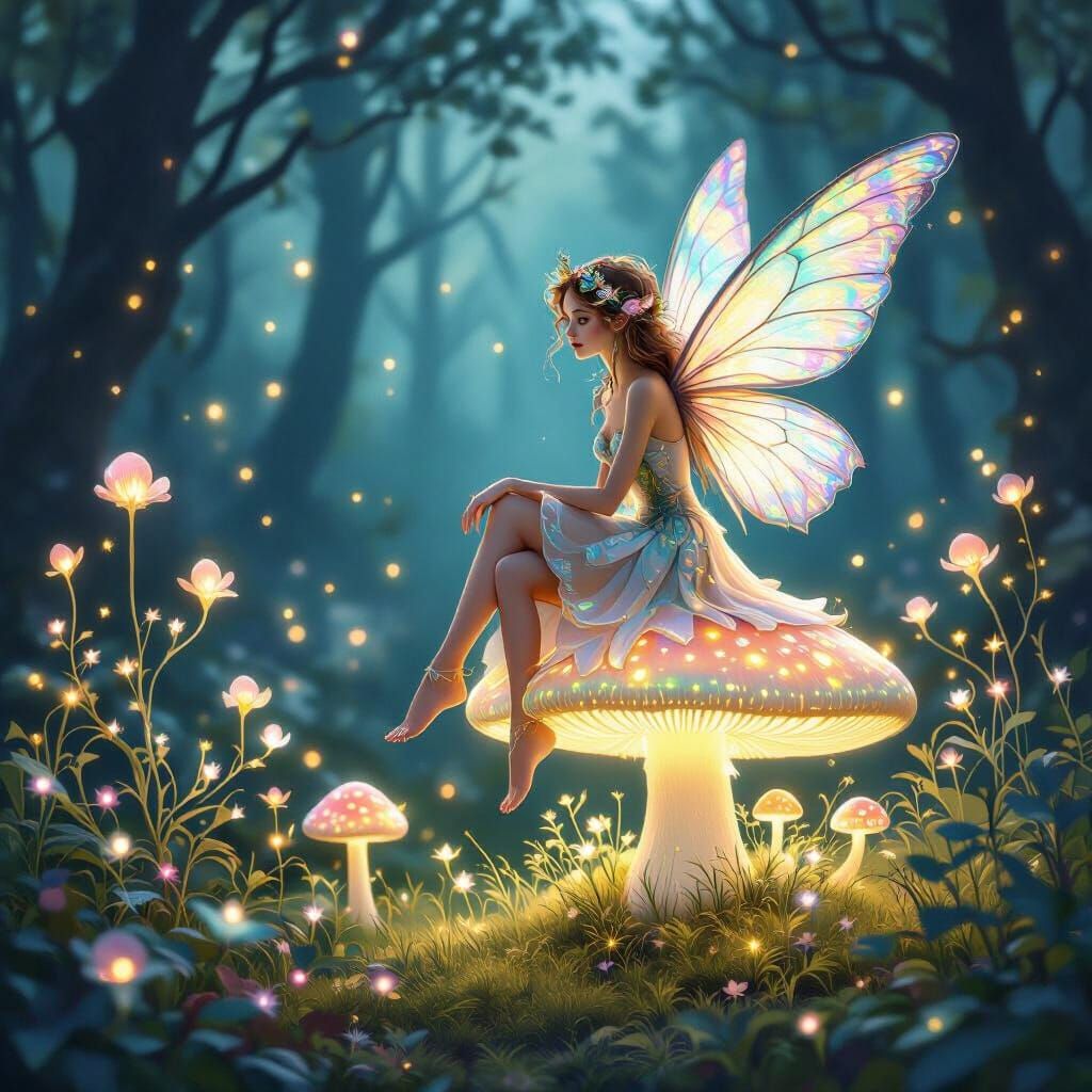 Whimsical Fairy on Bioluminescent Mushroom in Enchanted Fore...