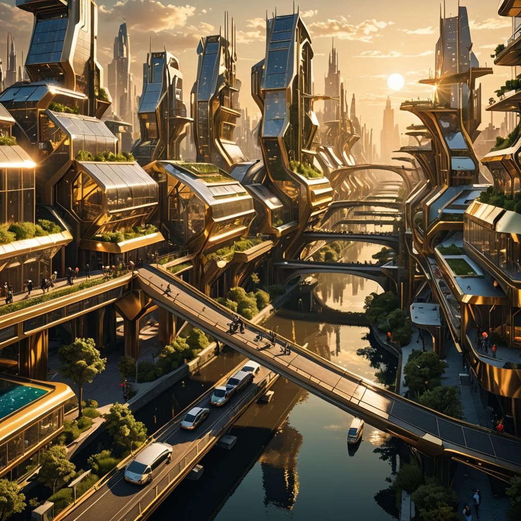 Goldpunk Futuristic City with Walkbridges and Canals