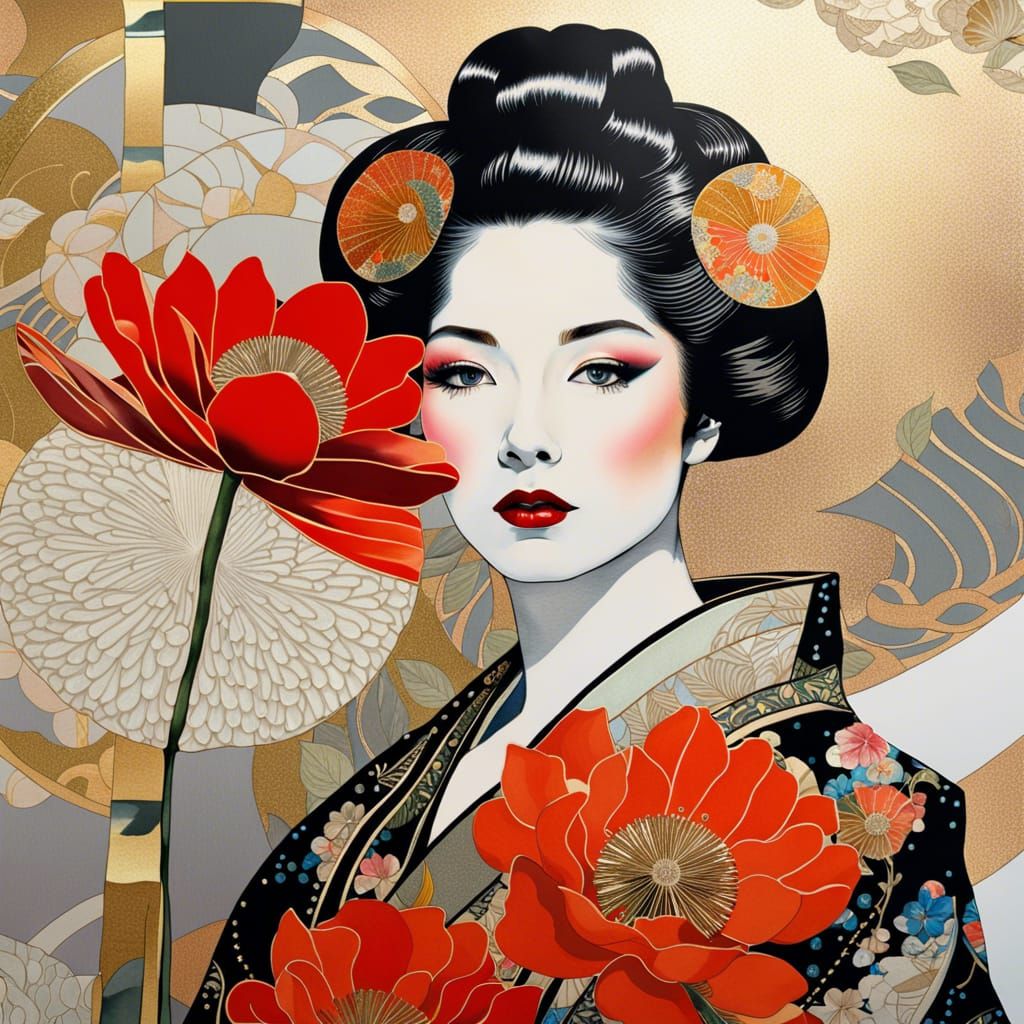 Geisha Girl with Poppies in Scrapbook Collage Style